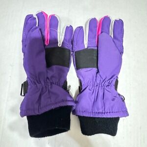 Kids Purple Insulated Ski Gloves Pink White Accents Adjustable‎ Wrist Straps